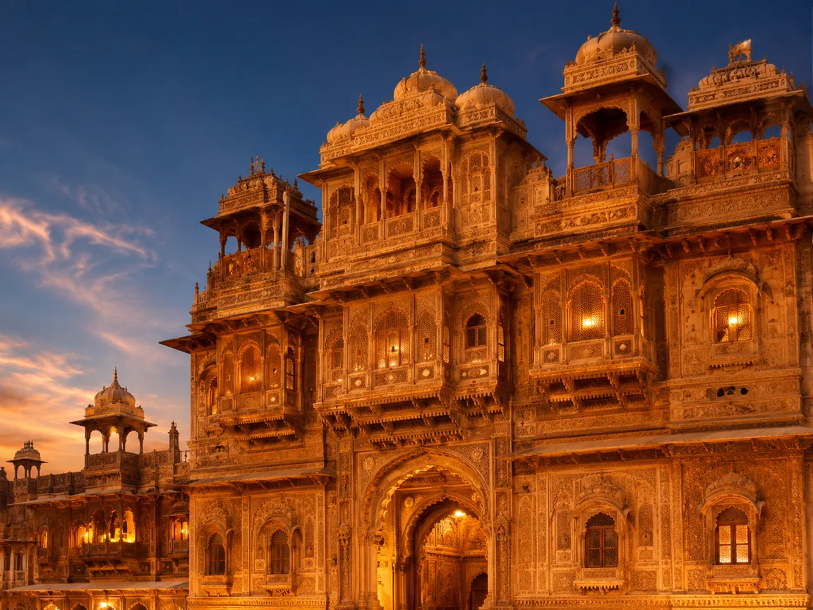 Carved facade, blue hour