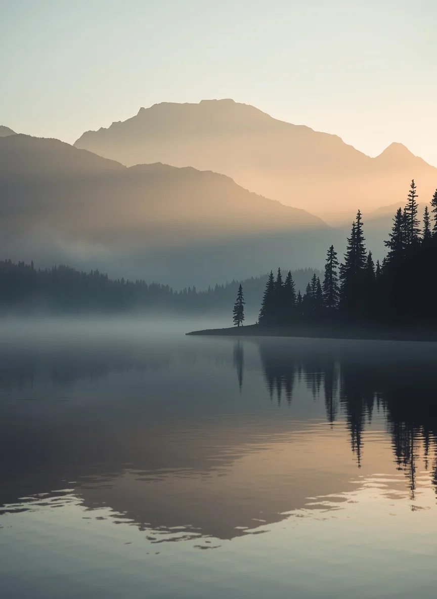 A serene mountain landscape at sunrise