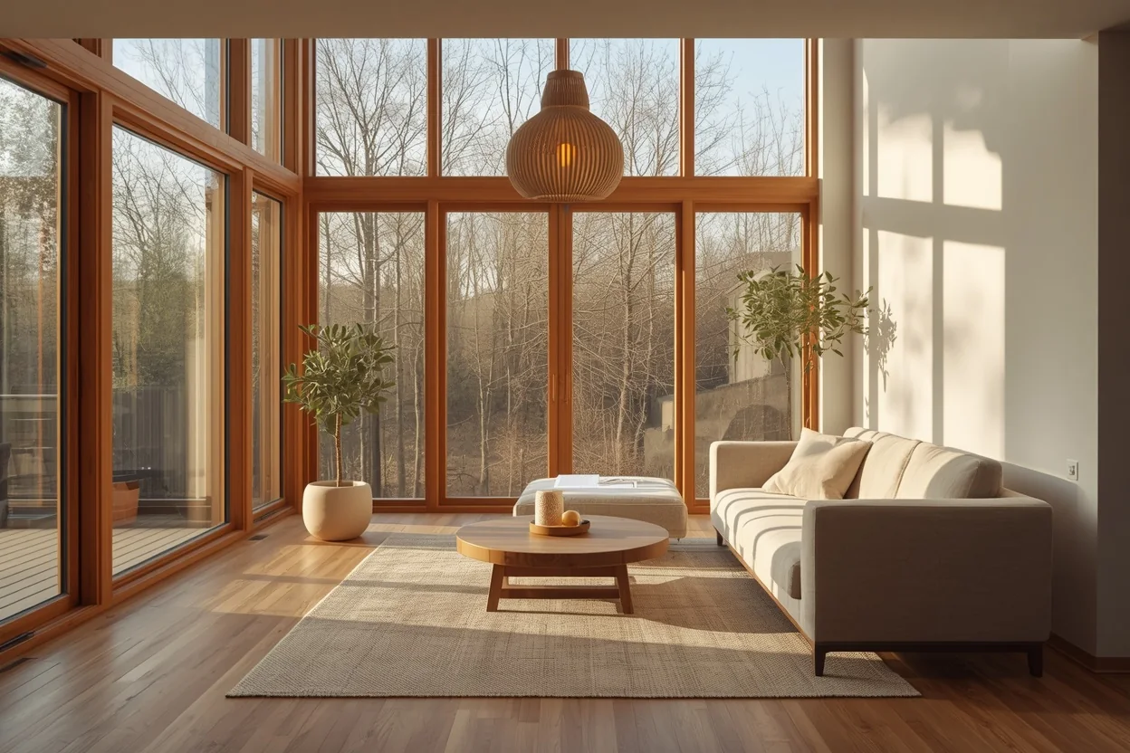 A modern Scandinavian living room at golden hour