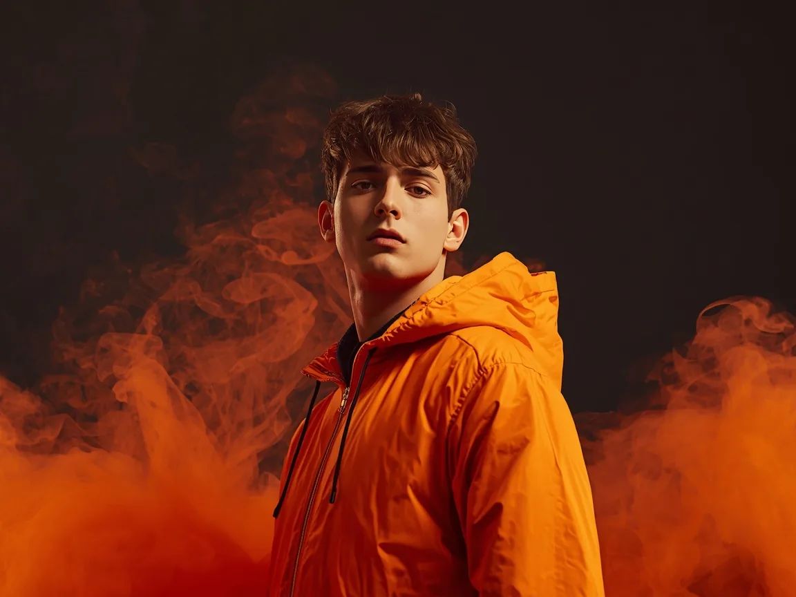 A young creator in an orange jacket against drifting orange smoke