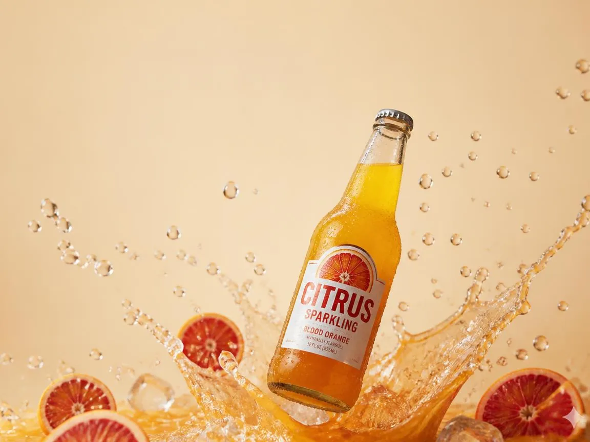 A citrus soda bottle suspended in a burst of juice and blood-orange slices