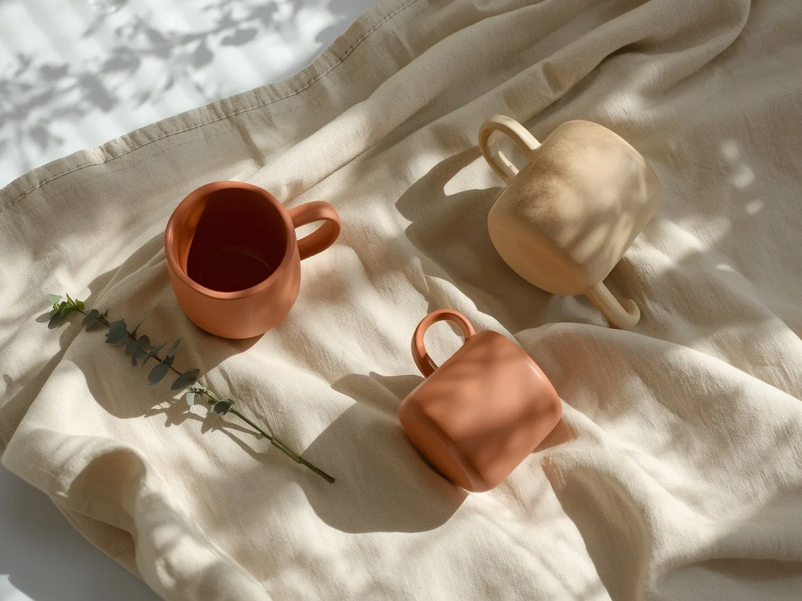 A flatlay of terracotta and cream mugs on washed linen in dappled light
