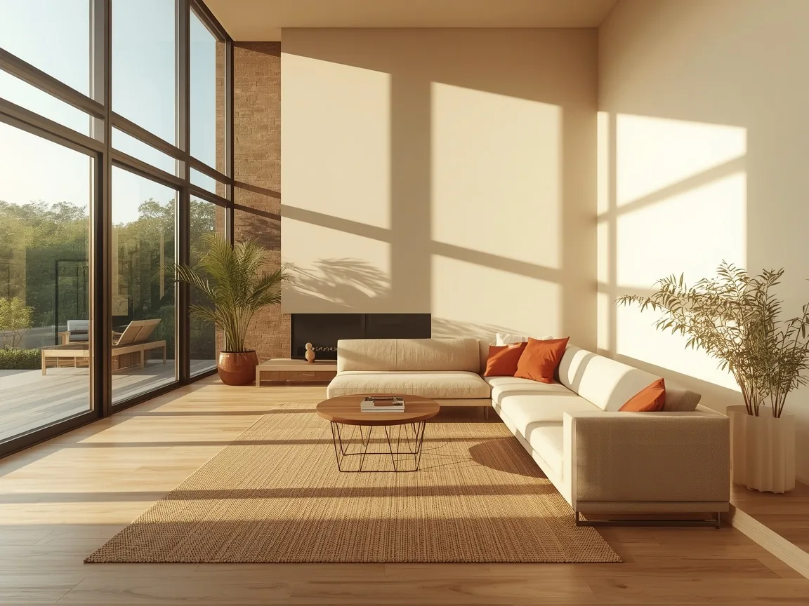 A sunlit living room with floor-to-ceiling windows and a linen sectional