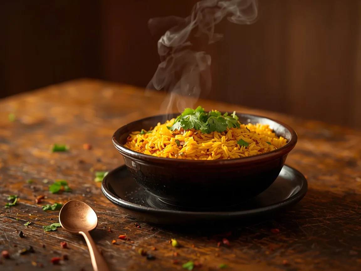 A steaming bowl of biryani with coriander on a dark wooden table