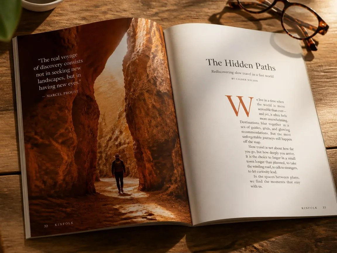 An open magazine spread on a warm oak desk, feature photograph facing set type